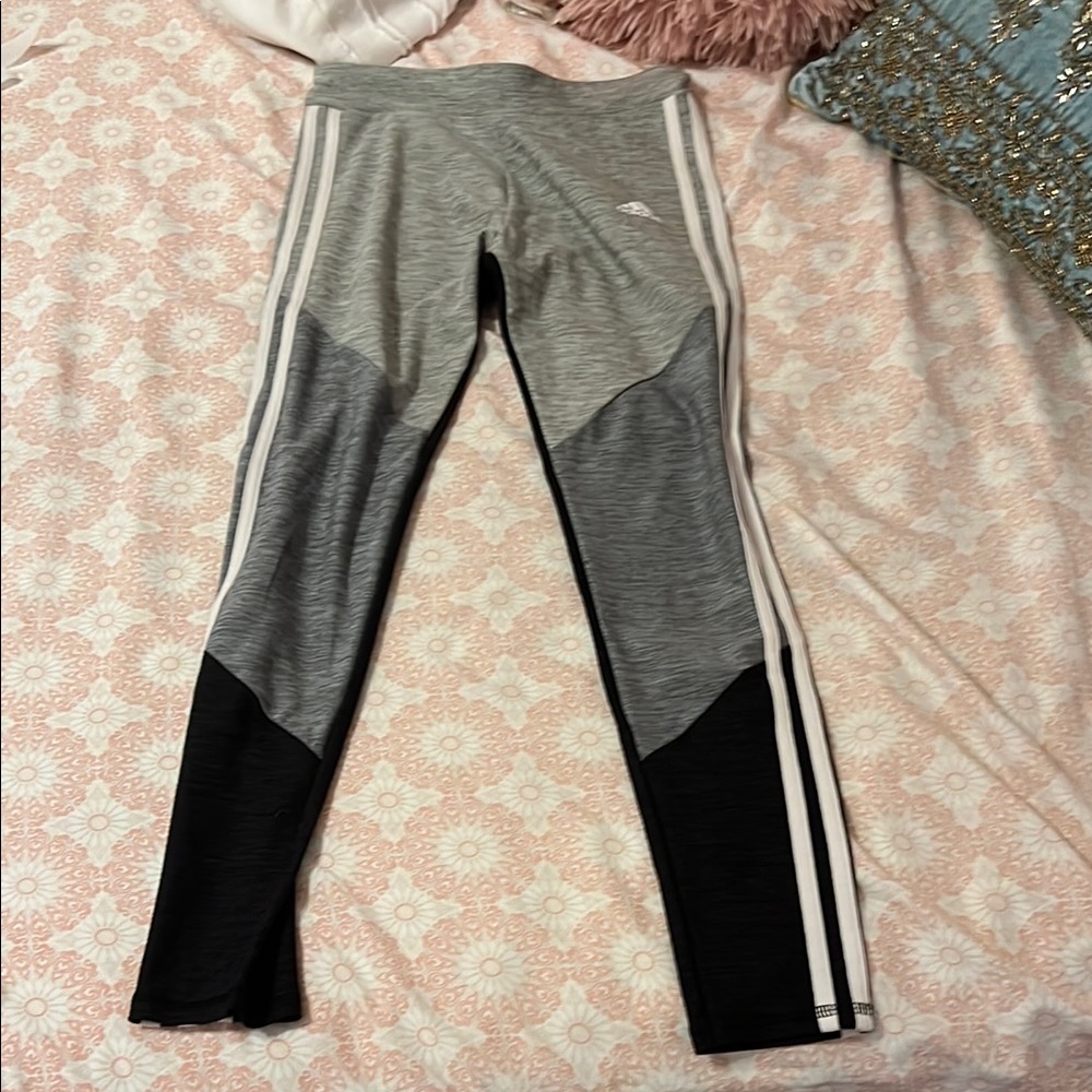 Adidas Gray and Black Leggings with Signature Stripes